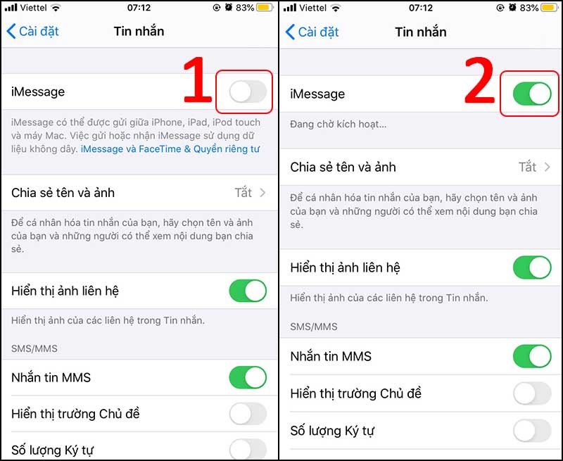 Tắt mục iMessage như hình minh họa > Tắt và mở nguồn lại điện thoại > Mở mục iMessage như hình minh họa.